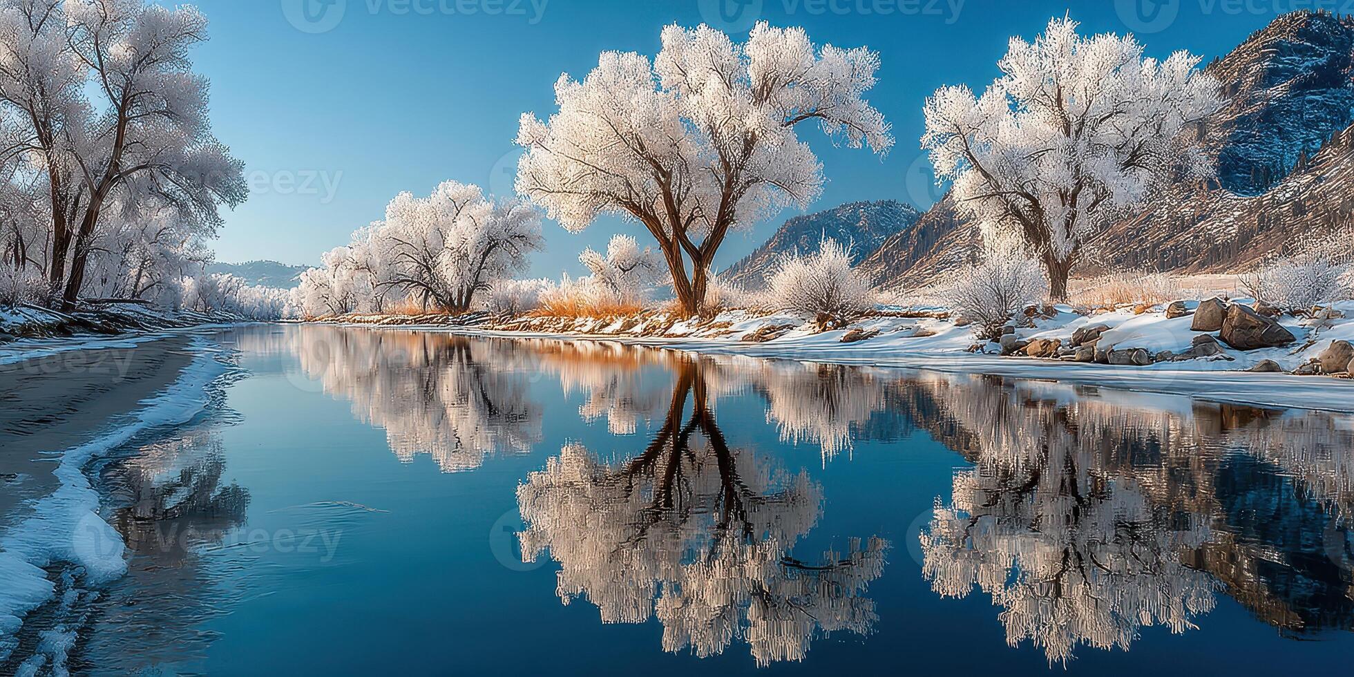 Frozen river reflects frosty trees under a clear blue sky during winter in a tranquil landscape photo