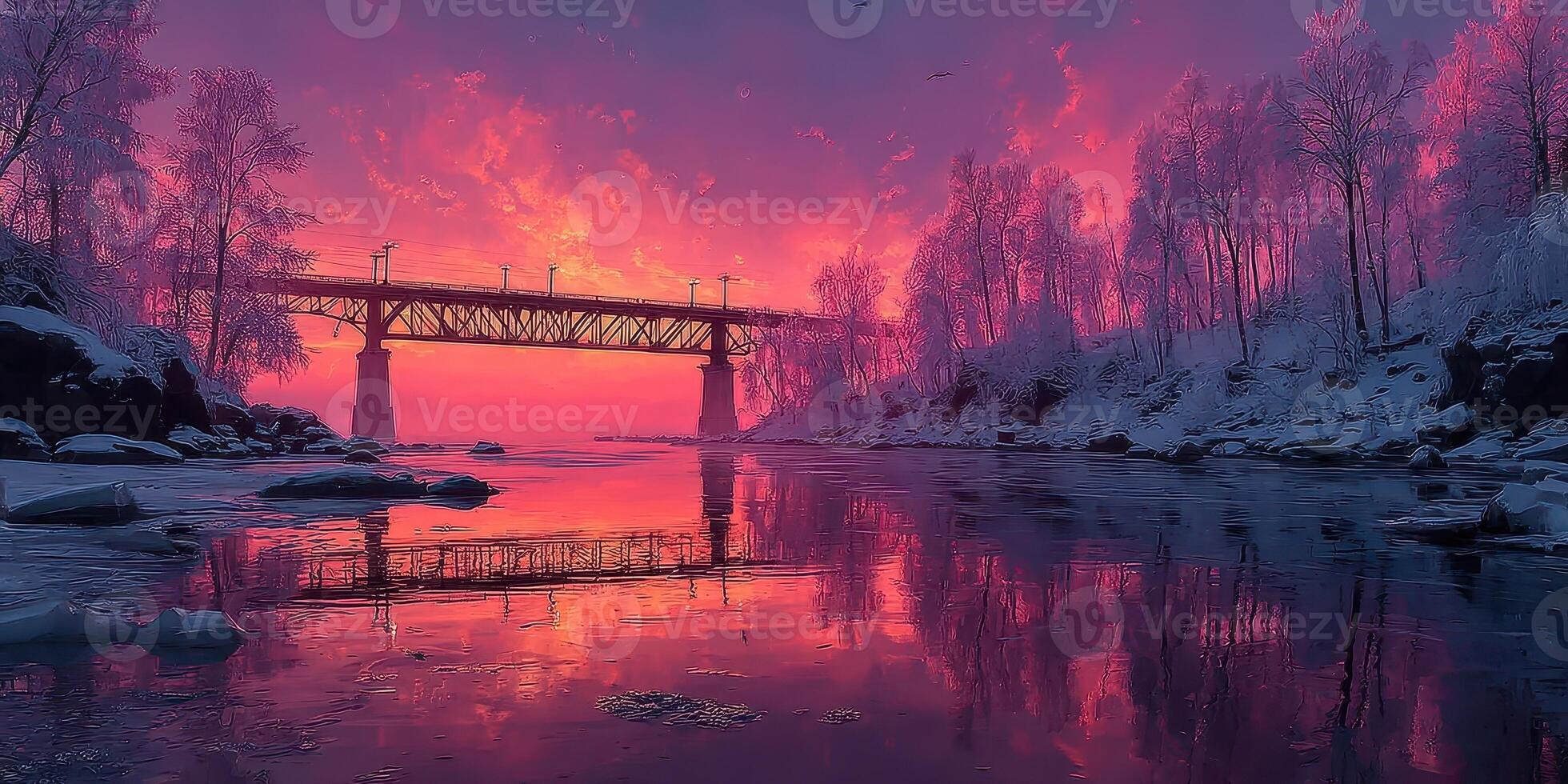 Stunning winter sunset over a frozen river with trees and a bridge in a tranquil landscape photo