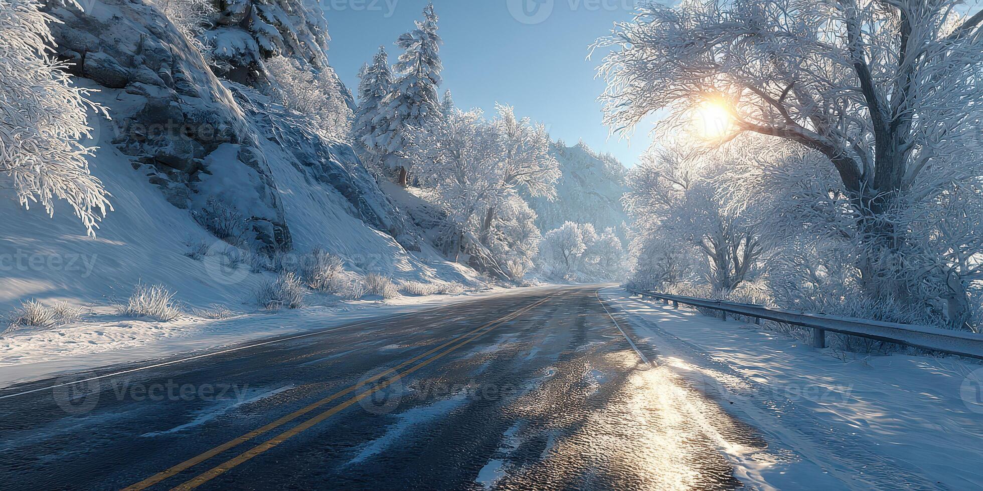 Winter landscape features a snowy road winding through frosted trees under a bright sun photo