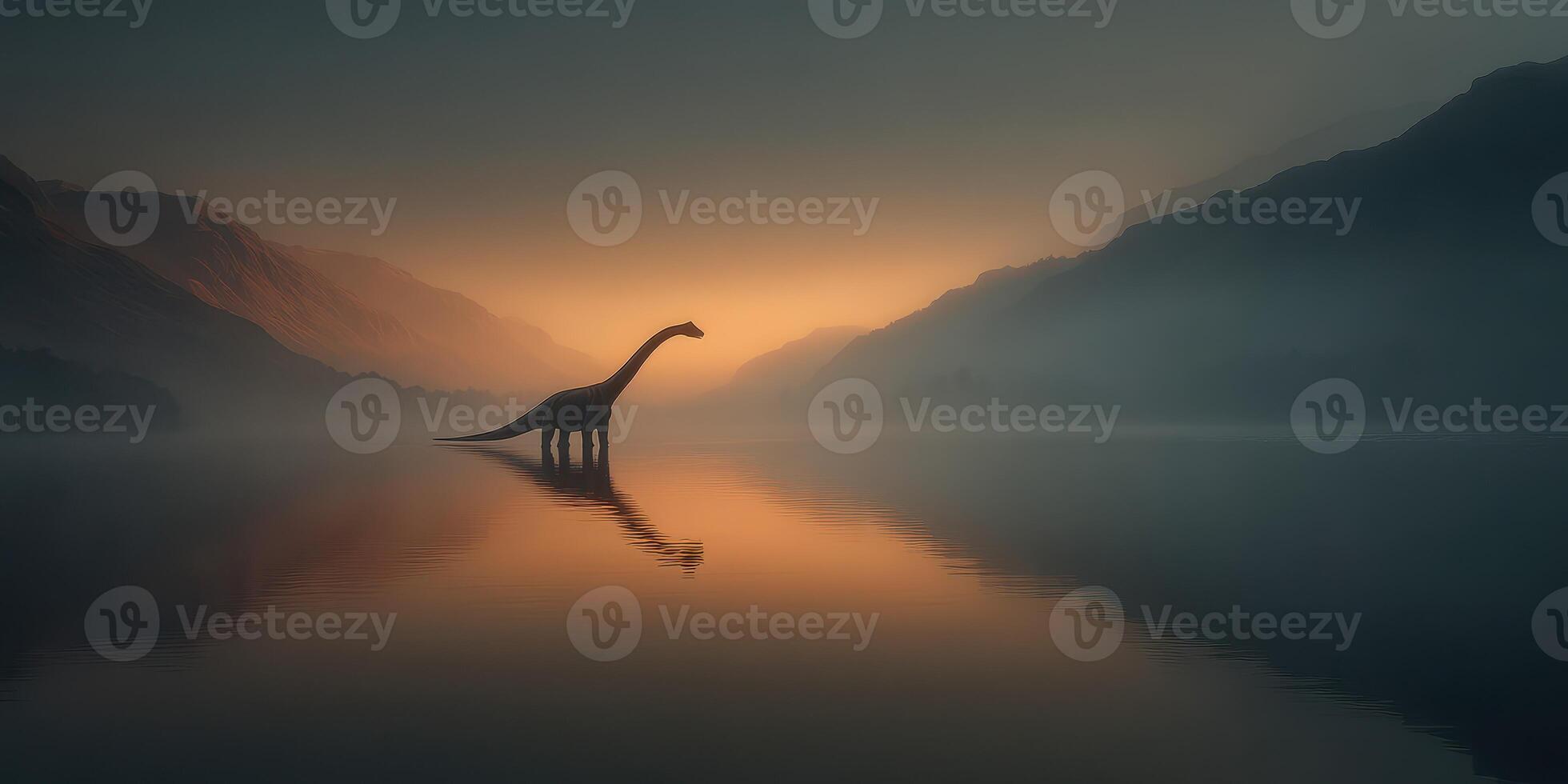 Serene twilight at the lake with a distant dinosaur silhouette amidst the misty mountains photo