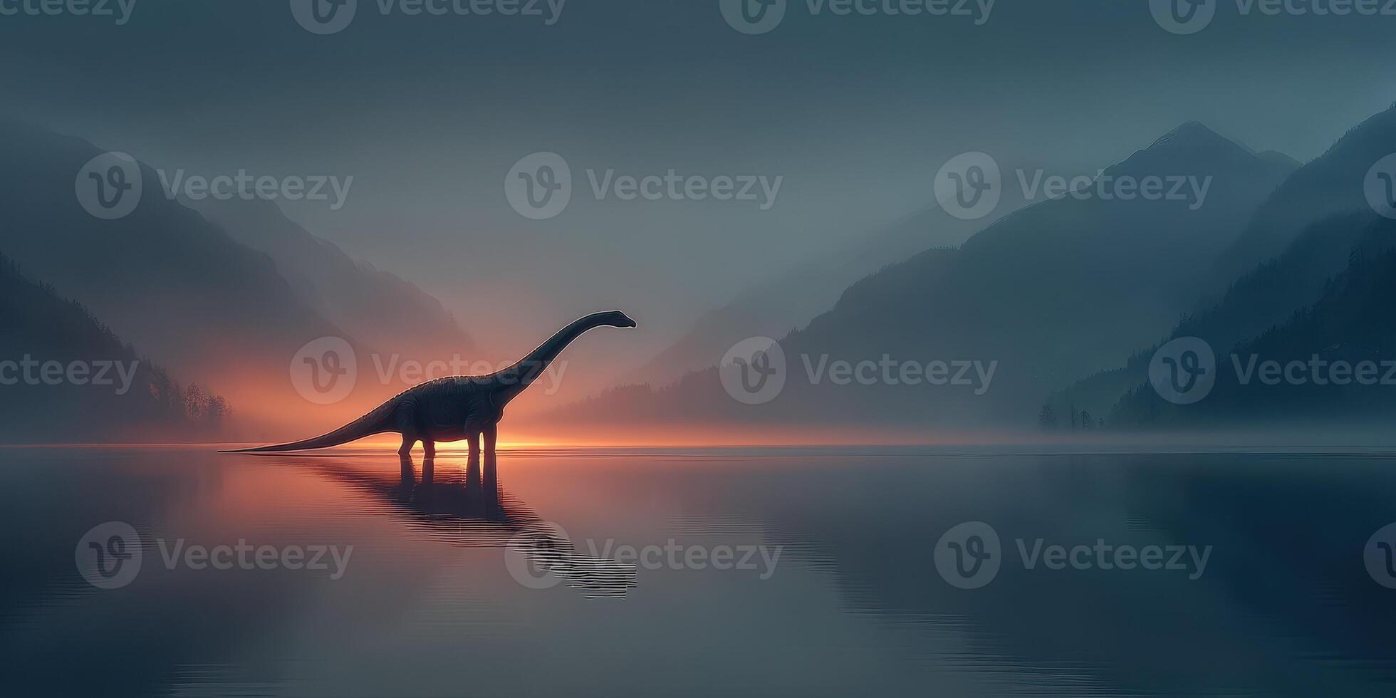 Dinosaur silhouette wades in tranquil lake at sunset with misty mountains in the background photo
