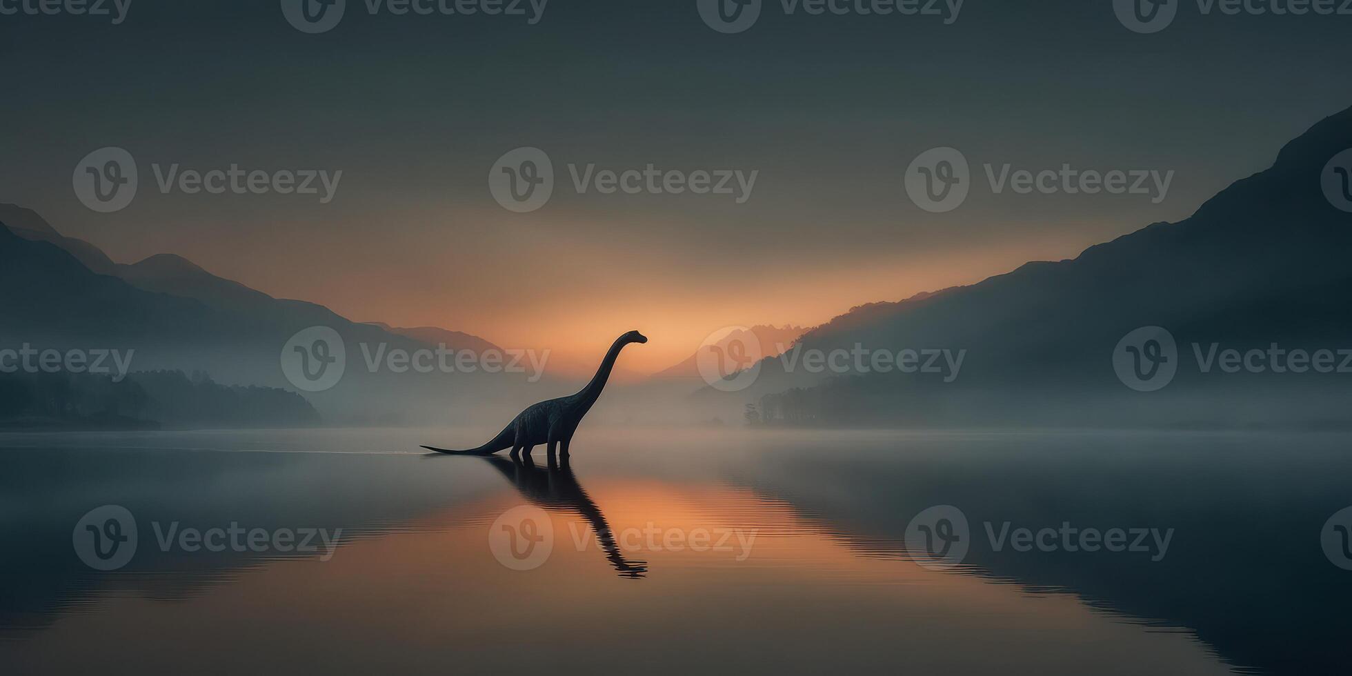 Dinosaur silhouette against a misty lake during sunset with mountains in the background and calm water reflections photo