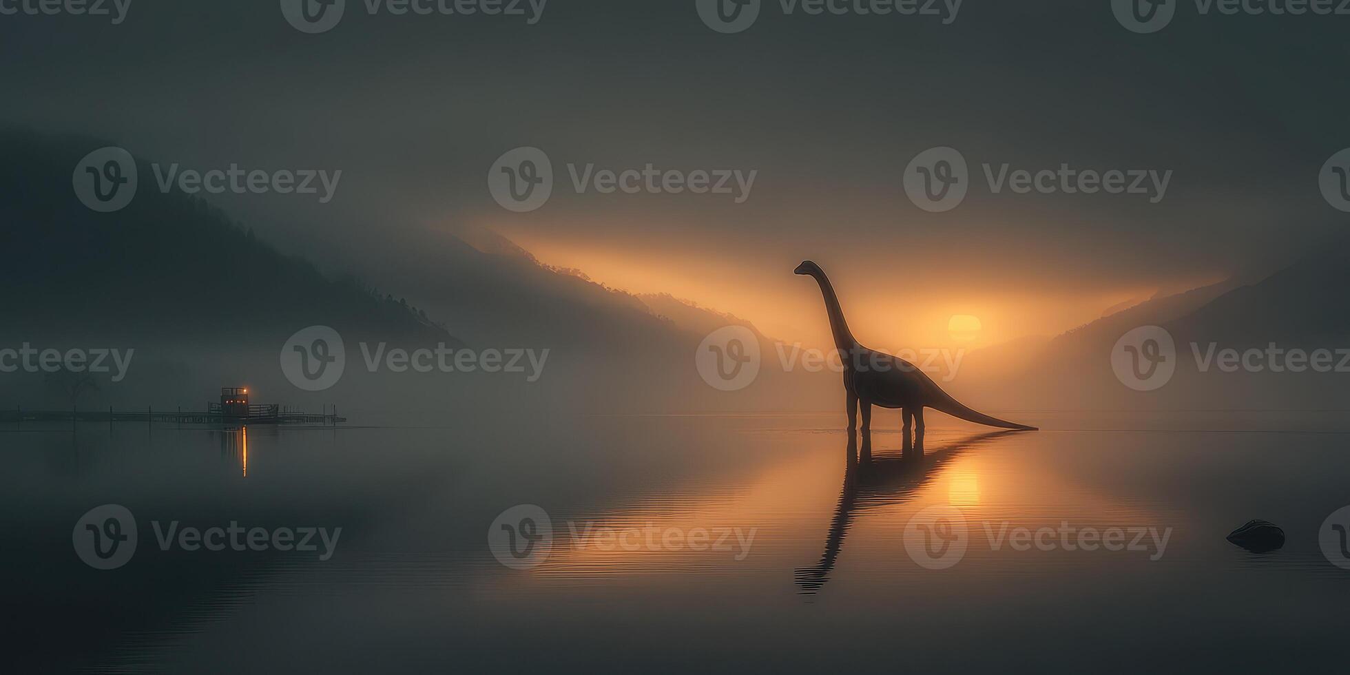Silhouette of a dinosaur near lake at sunrise with misty hills in the background creating an ethereal atmosphere photo