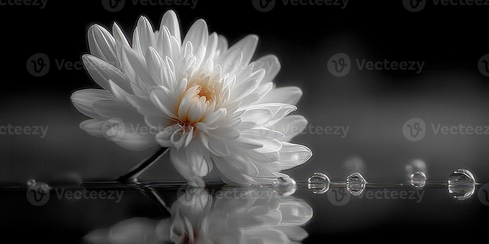 White flower with delicate petals reflected in water droplets during serene morning light photo