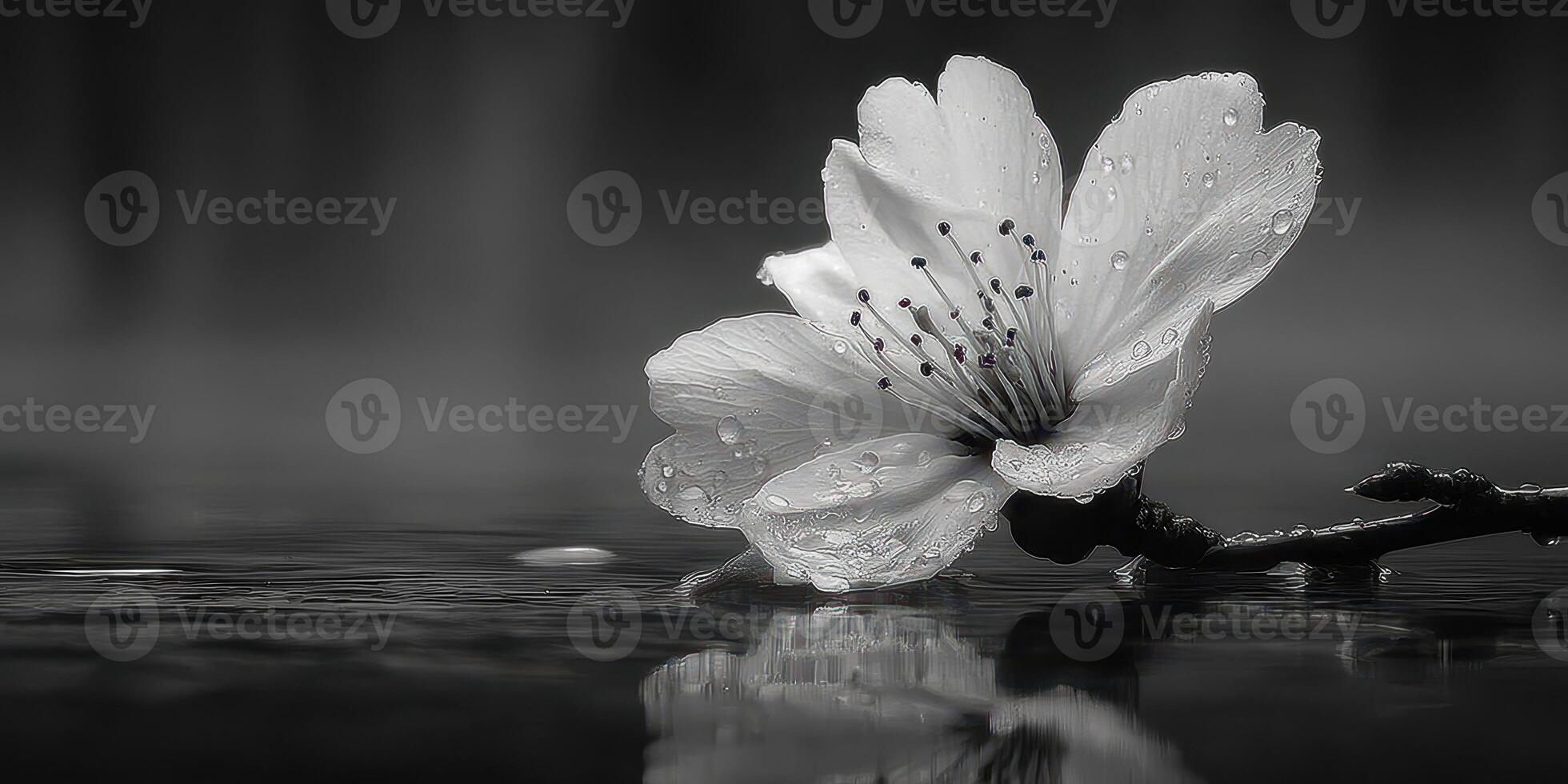 Elegant white flower with water droplets resting on calm surface in monochrome photo