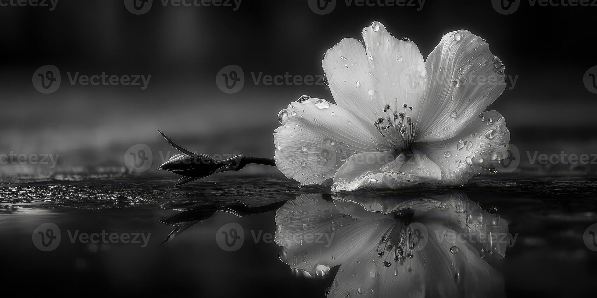 Delicate white flower resting on wet surface reflecting its beauty in black and white setting photo