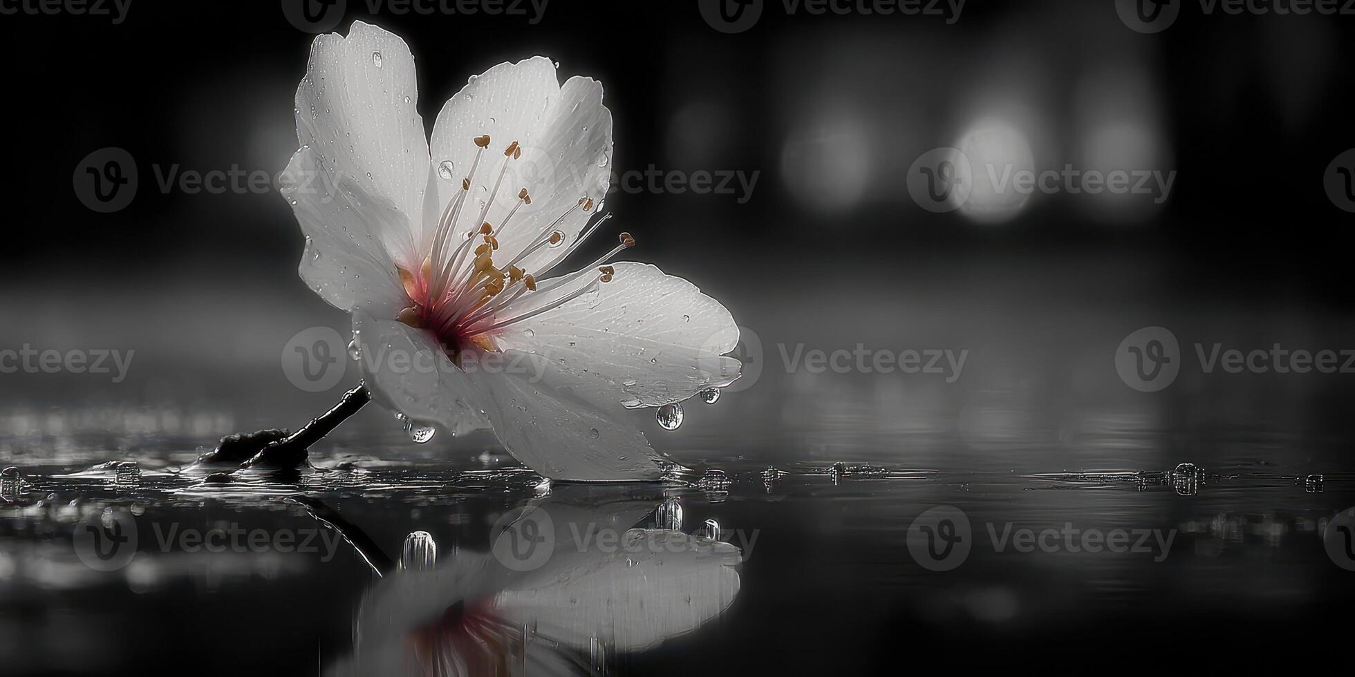 White cherry blossom resting on a wet surface with drops of water in a tranquil setting during a cloudy day photo