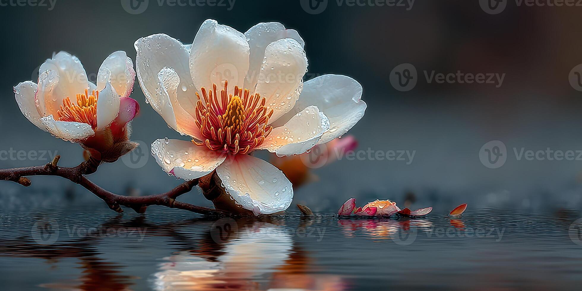 Water droplets rest on delicate white flowers floating gently on a calm lake during the early morning hours photo