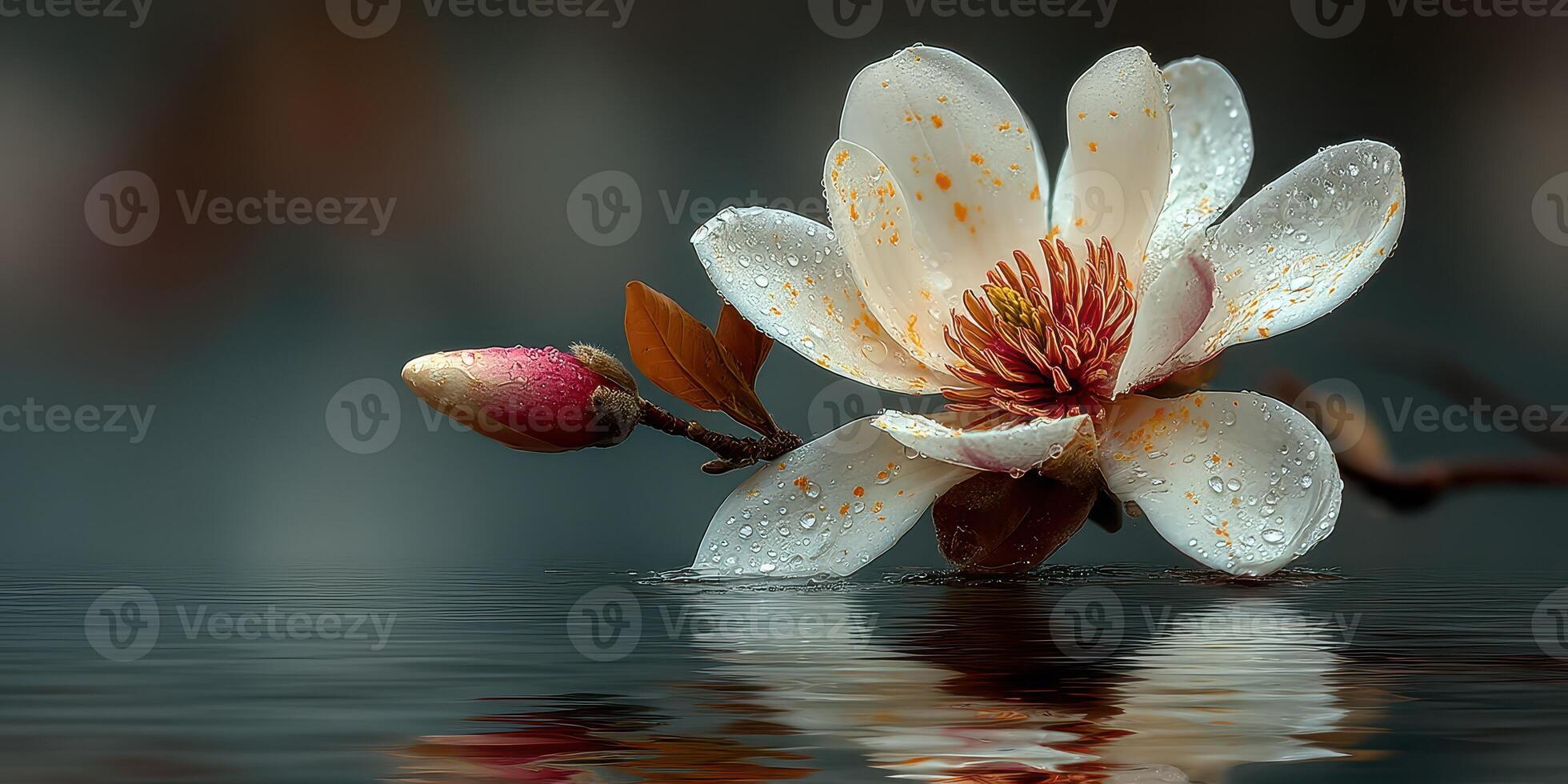 Beautiful magnolia flower floating on tranquil water surface with droplets in early morning light photo