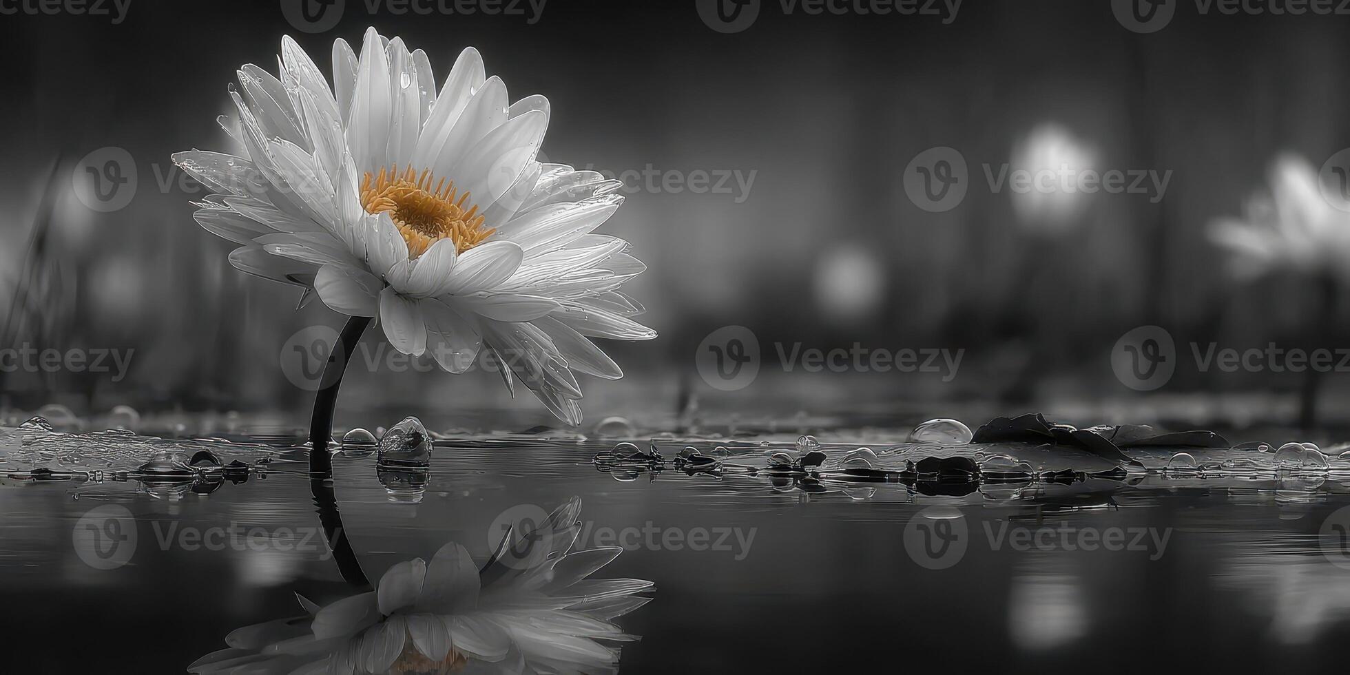 Elegant white flower reflected in still water with soft background on a calm evening photo