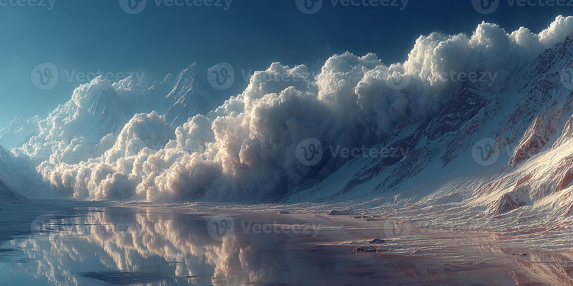 Majestic mountain landscape with clouds reflecting on calm water during sunrise in a remote area photo