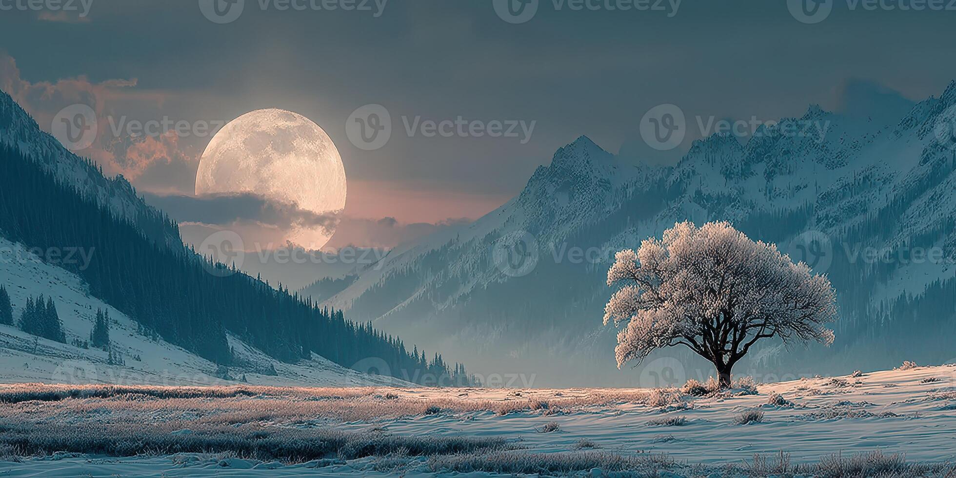 Moonlit landscape featuring a solitary tree amidst snow-covered mountains during twilight hours photo
