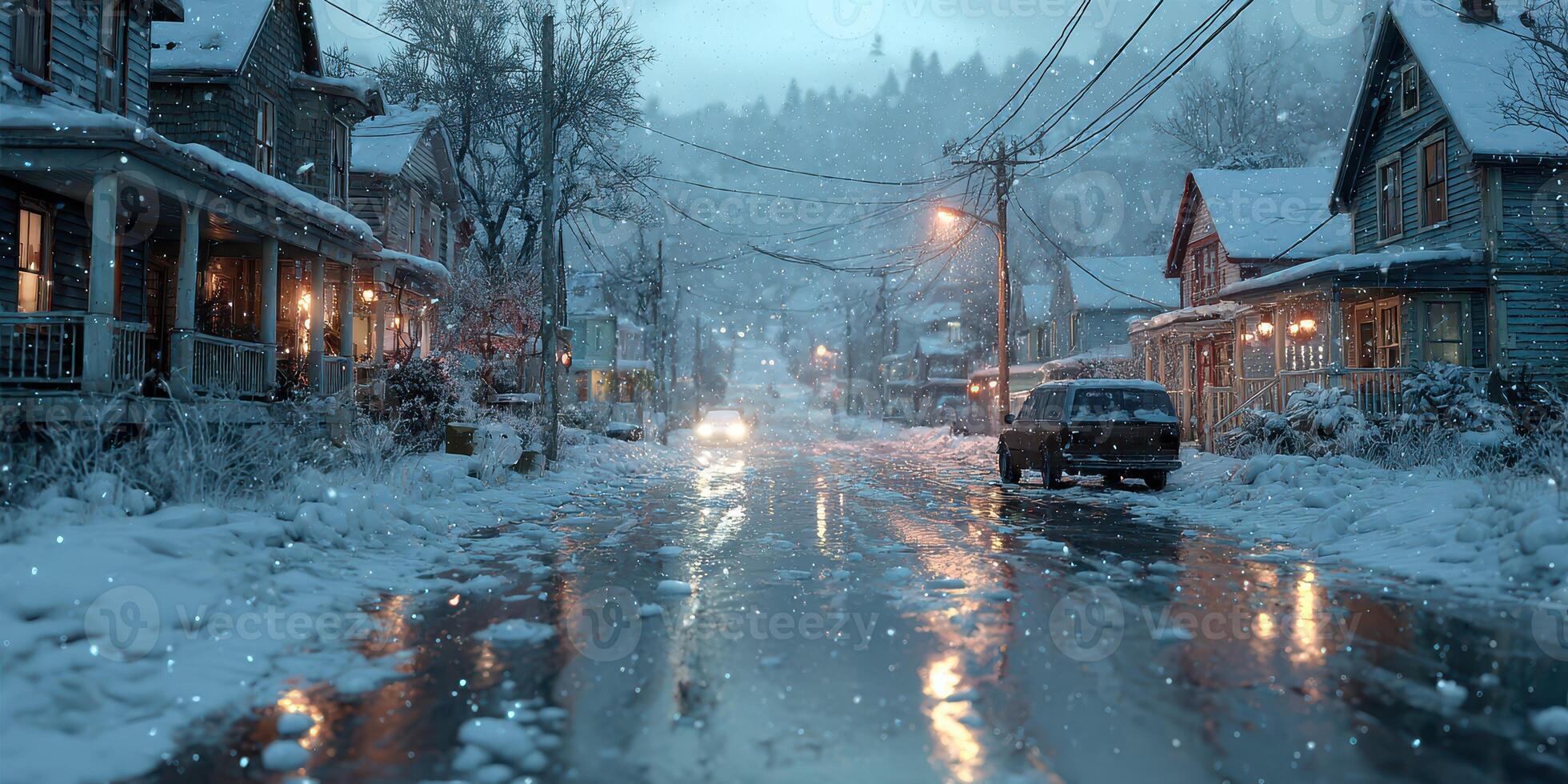 Snow covers a quiet street in a small town creating a serene winter atmosphere at dusk photo