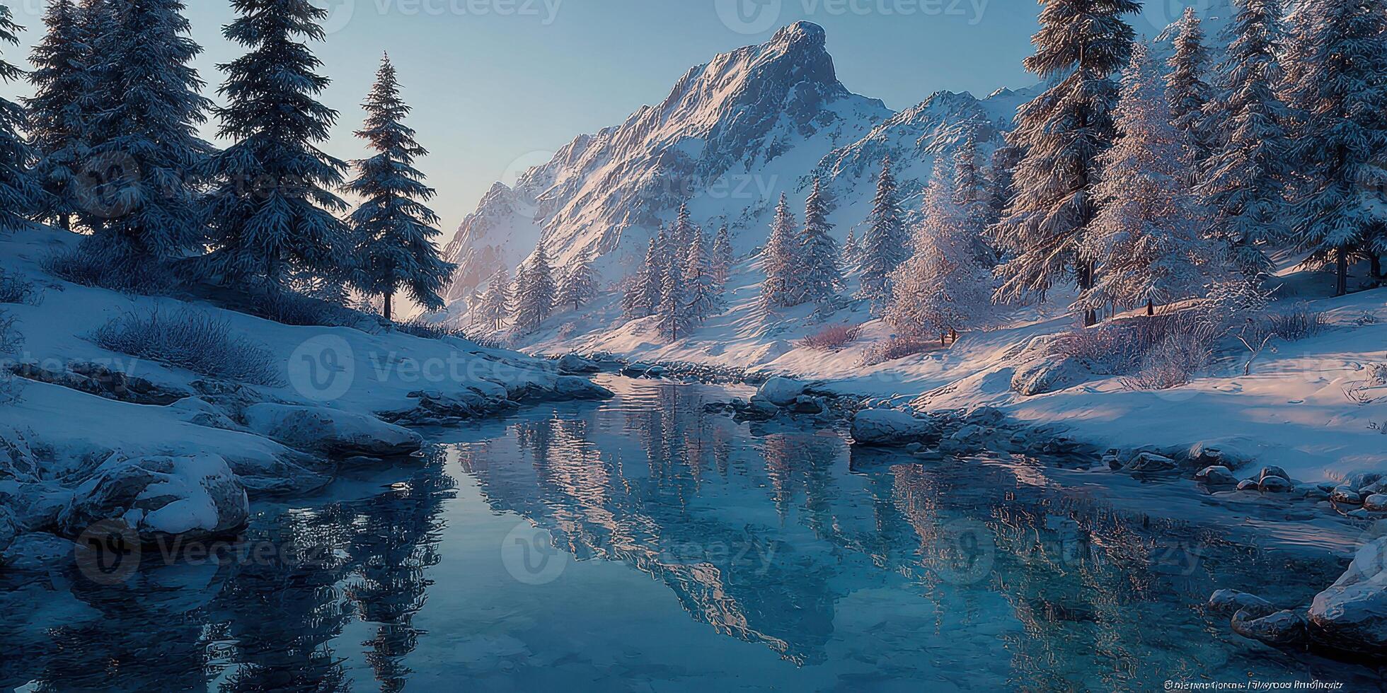 Snowy mountain landscape at dawn reflecting in a tranquil river with evergreen trees surrounding the scene photo