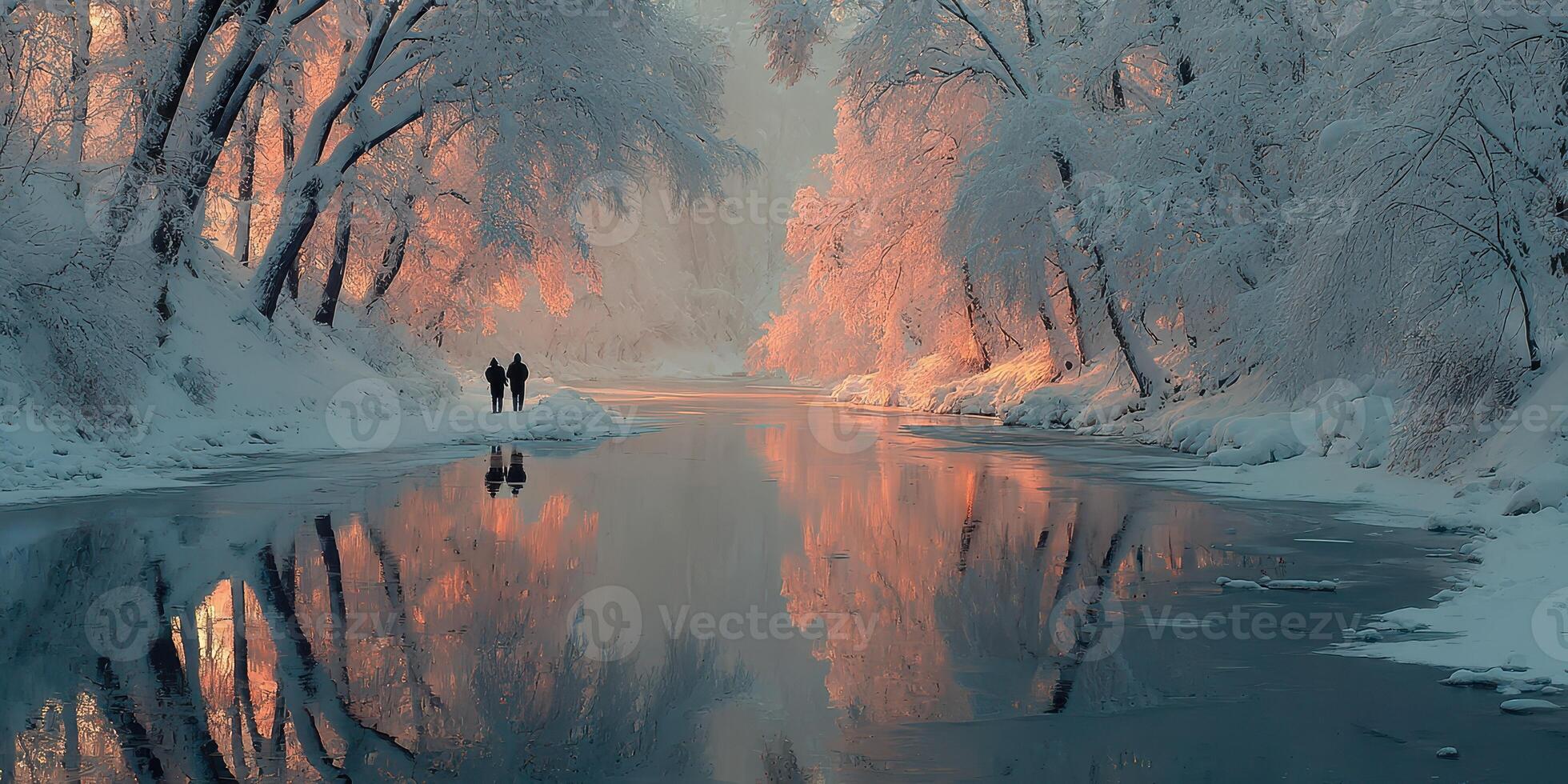 Couple walking along a tranquil river surrounded by snowy trees at dusk in winter photo