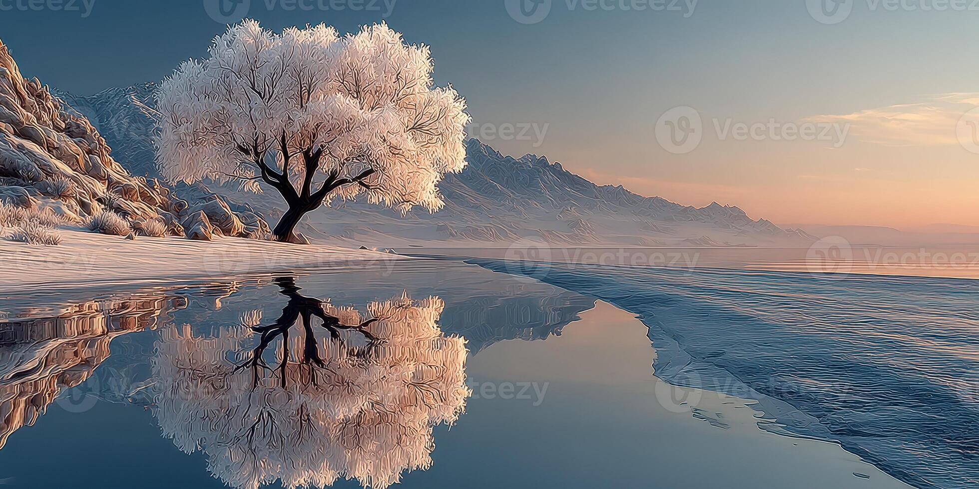 Majestic sunrise over a tranquil frozen lake with a solitary tree and distant mountains in winter photo