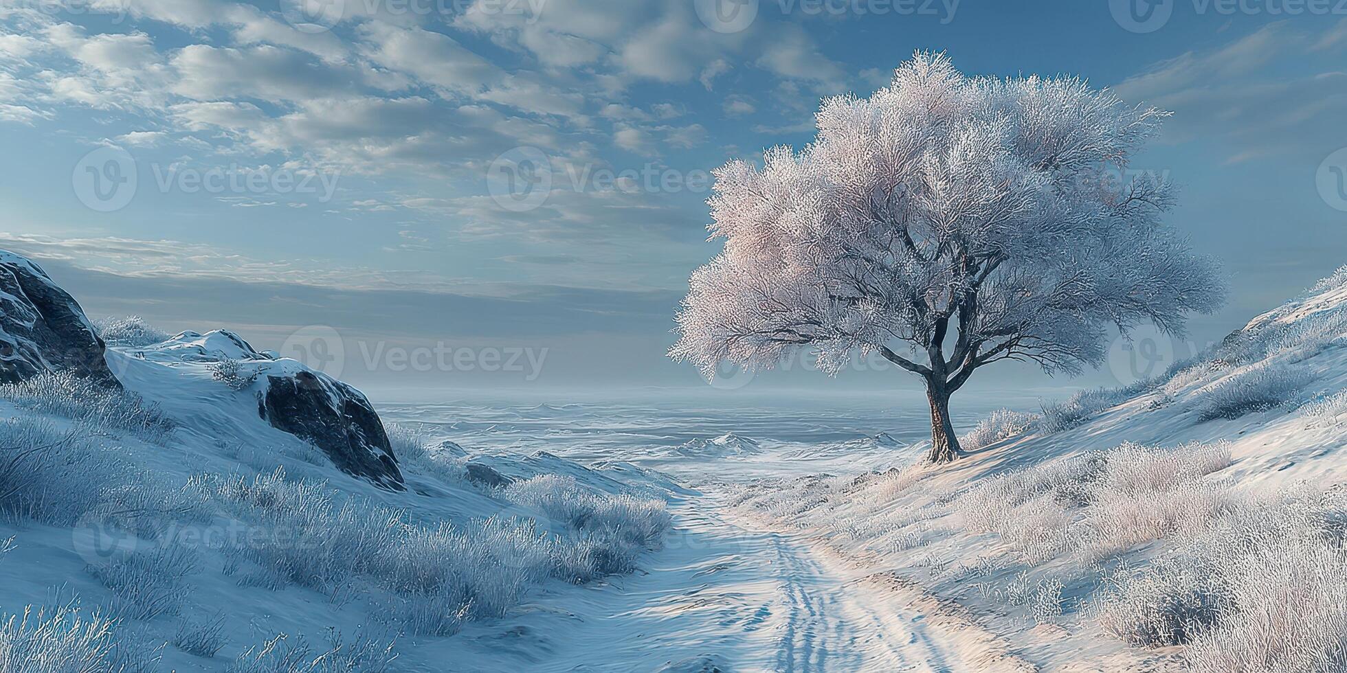 Snow-covered landscape with a solitary tree in a tranquil winter setting at dawn photo