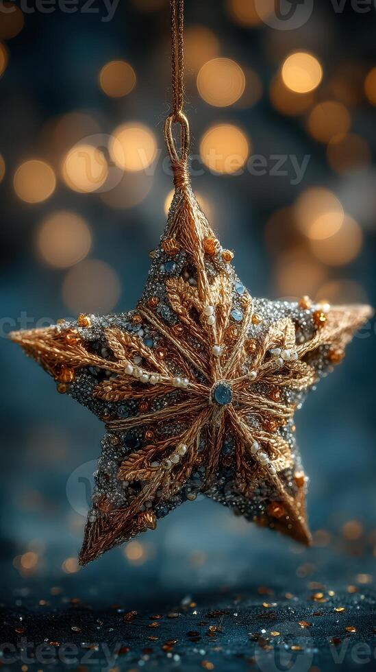 Decorative star ornament hangs against a backdrop of soft glowing lights during a festive celebration photo