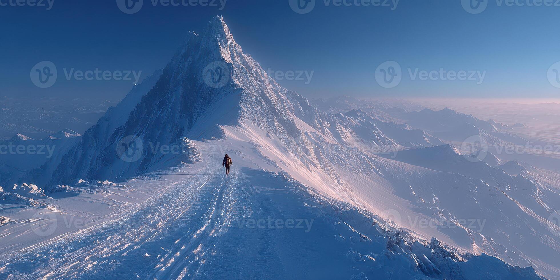 Climbing a majestic snow-covered mountain peak at dawn with stunning blue skies overhead photo