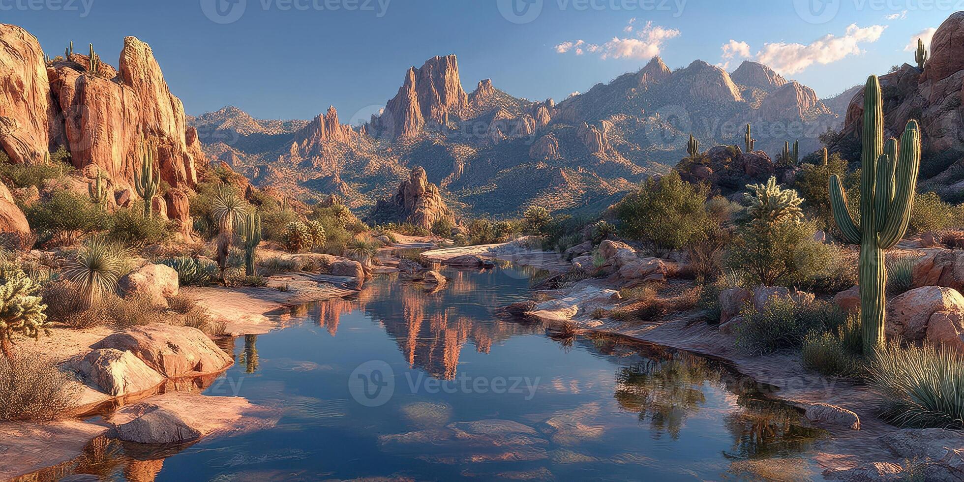 Majestic mountain landscape with a serene river and desert flora under a clear sky during golden hour photo