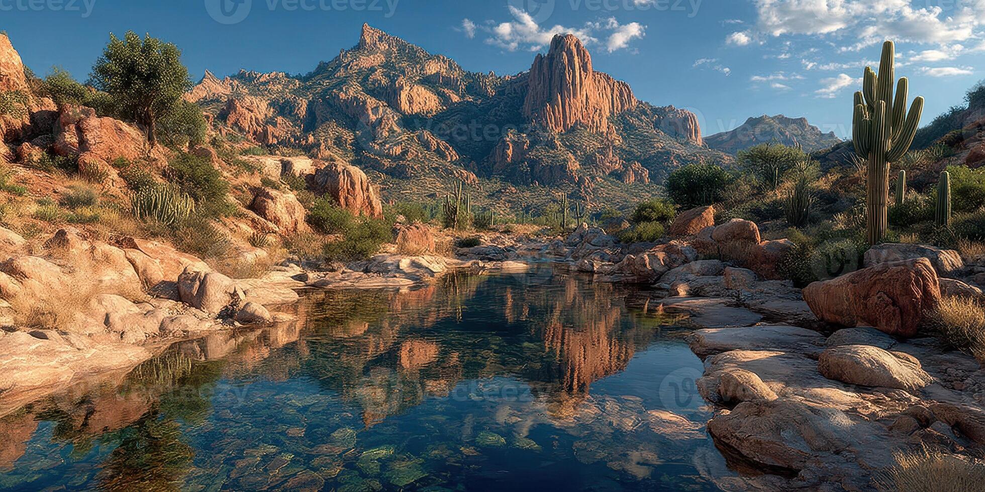 Majestic desert landscape featuring rocky mountains and serene water reflections during golden hour photo