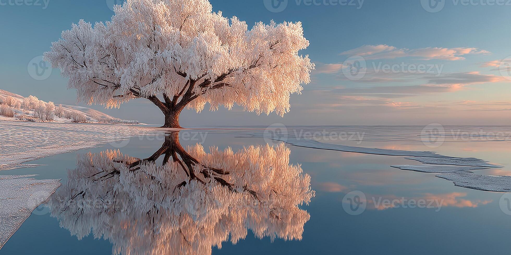 Majestic white tree reflects perfectly in calm lake during winter at sunset photo