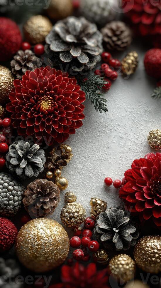 Festive arrangement of red blooms, golden ornaments, and pinecones on a textured surface for holiday decor photo