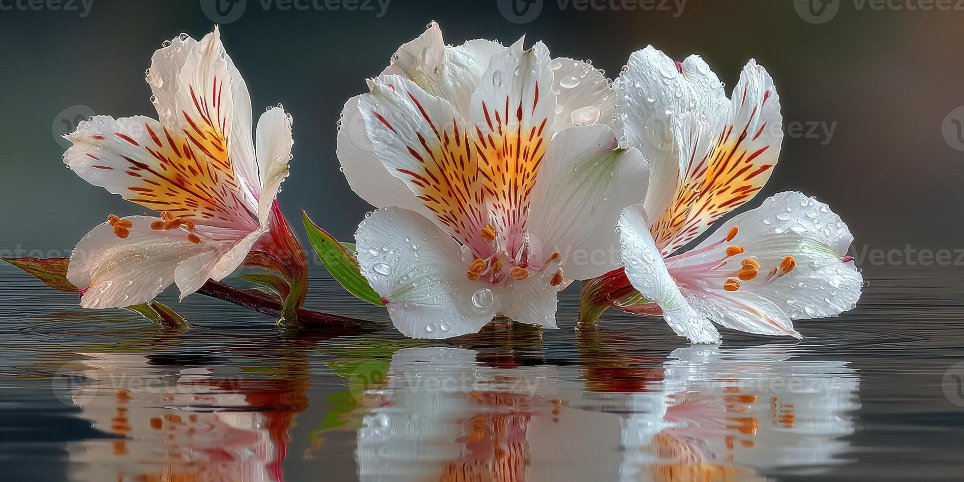 Beautiful white flowers with orange accents reflected on calm water surface after rain photo
