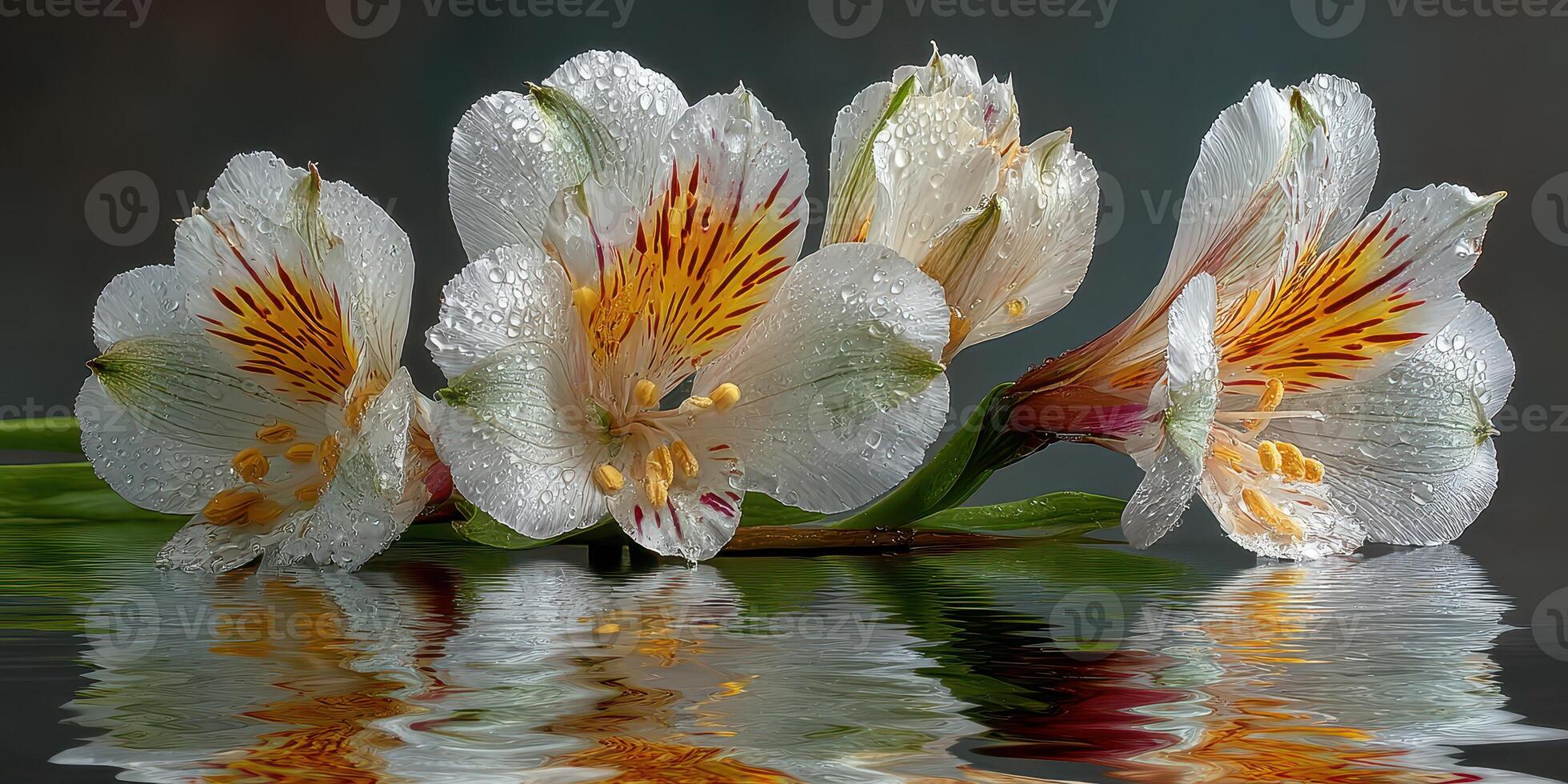 Fresh white flowers with orange accents resting on a reflective surface after a gentle rain in a serene setting photo
