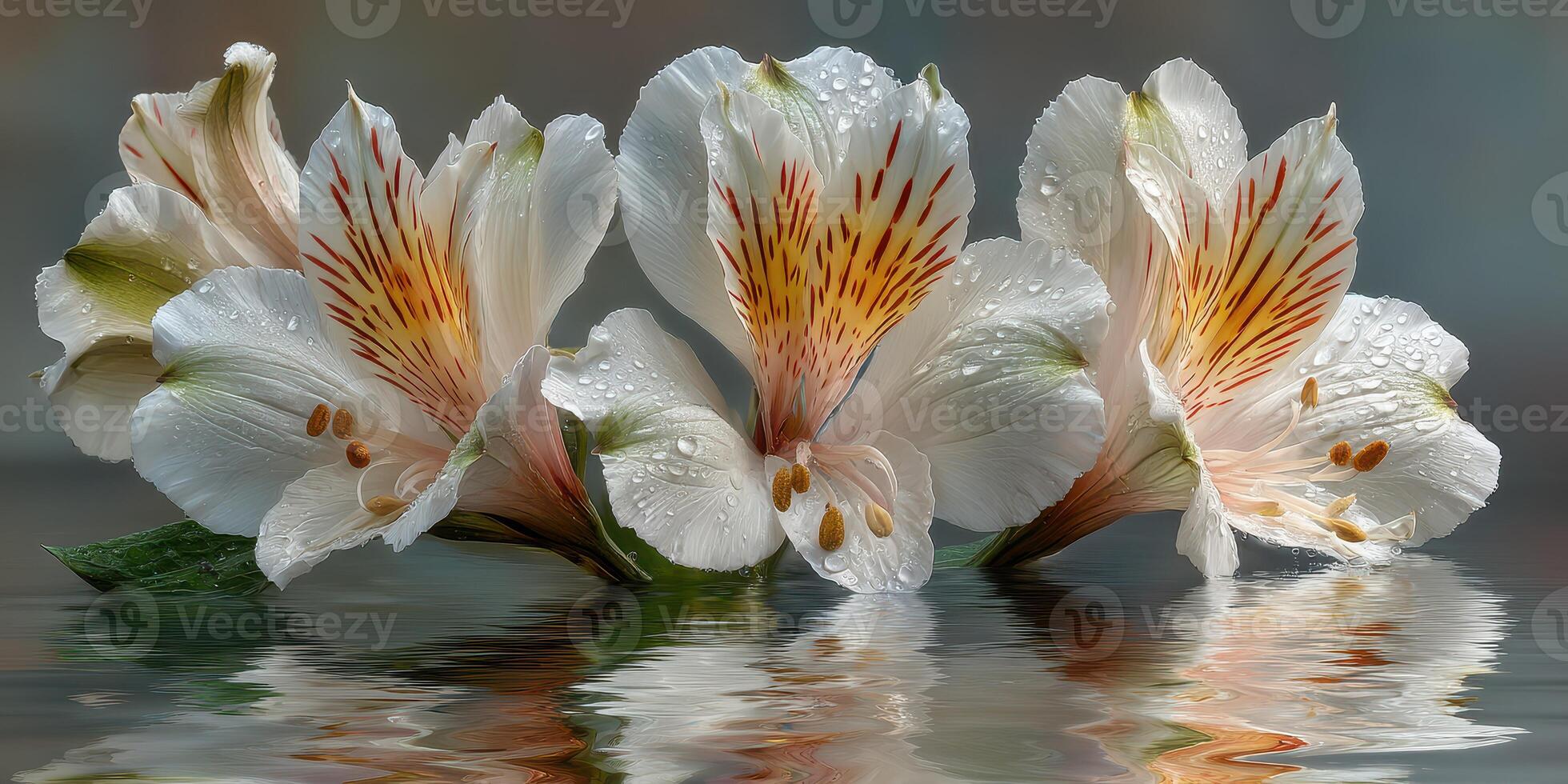 Beautiful white flowers with water droplets reflected in a serene pool during a peaceful morning photo