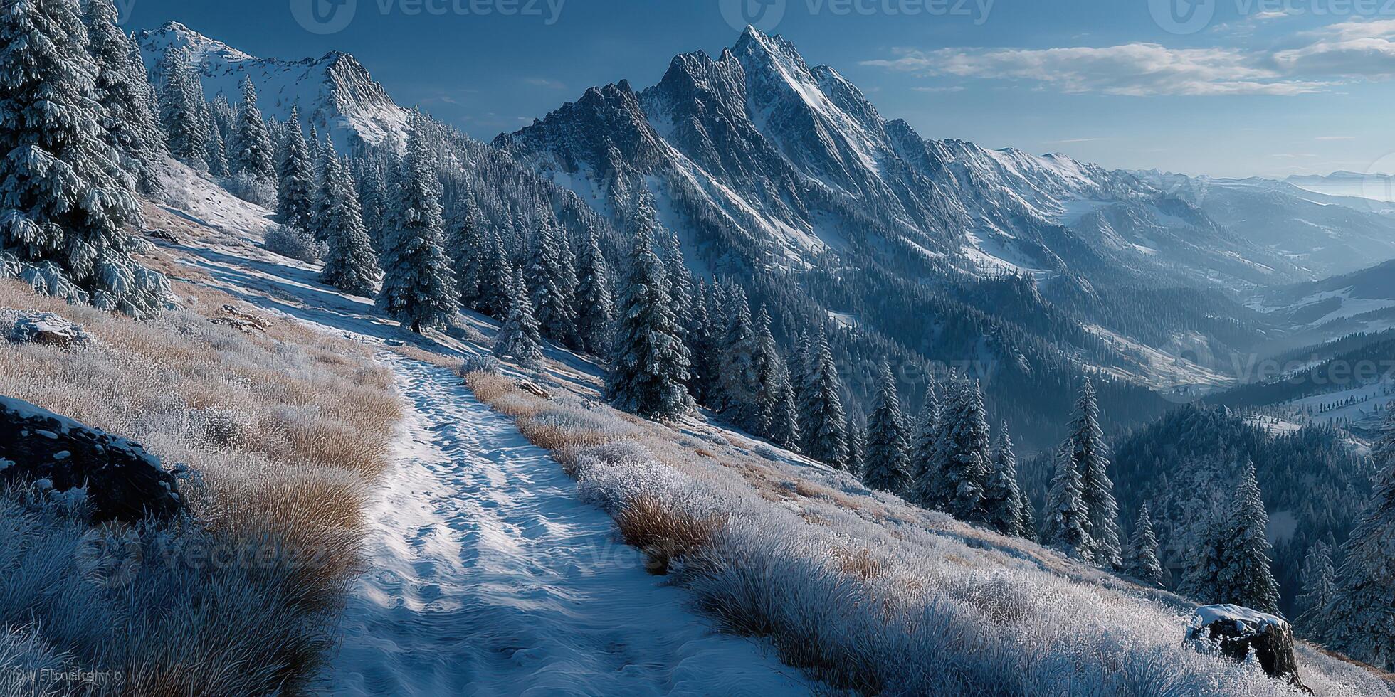 Mountain landscape covered in snow with a clear sky and tree-lined path during winter daylight hours photo
