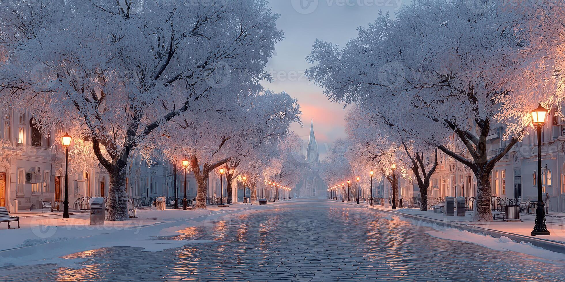 Winter morning in a serene snowy street with glowing lampposts and frosted trees photo