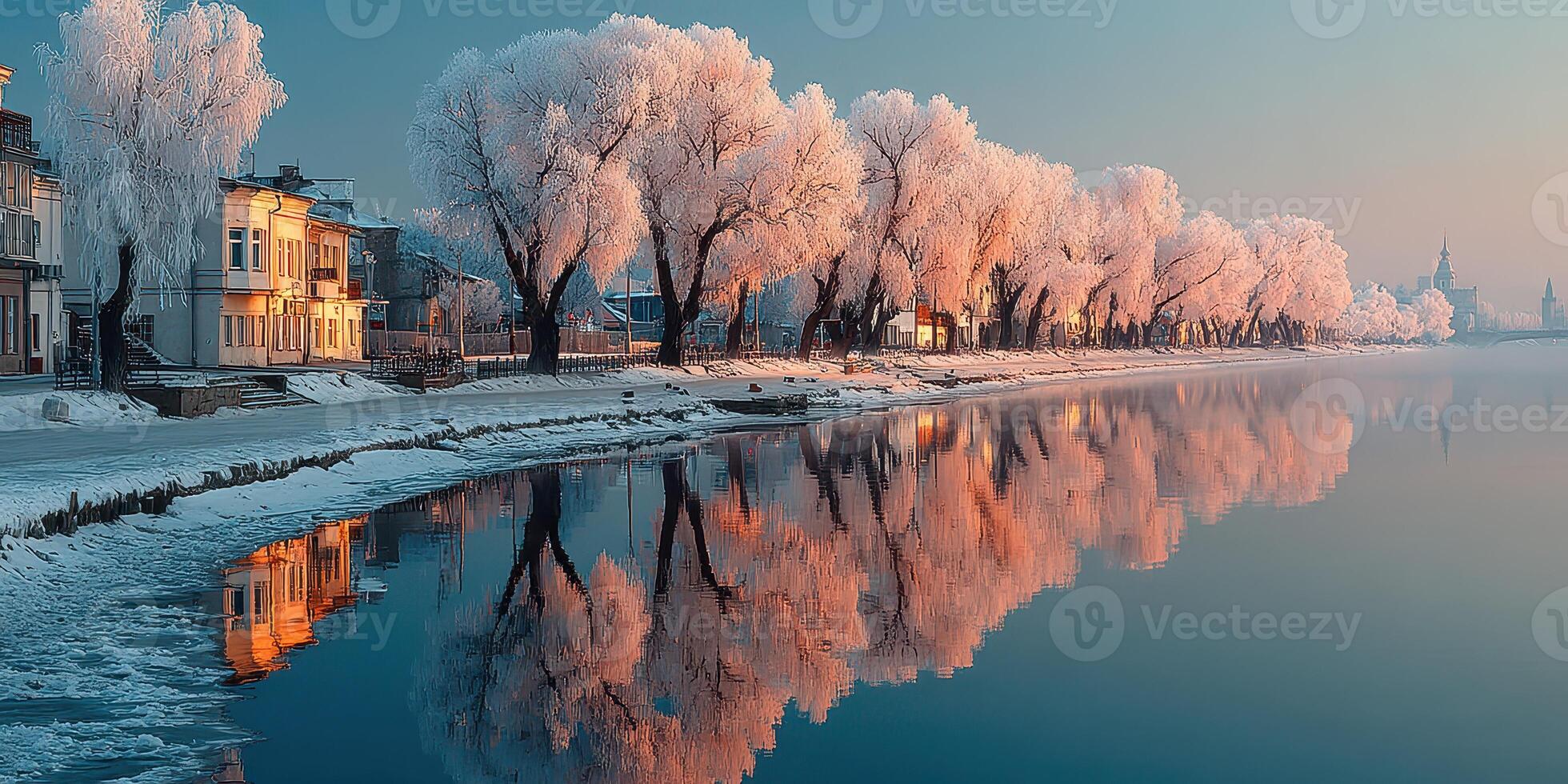 Serene winter landscape with frosted trees and calm river during early morning light photo