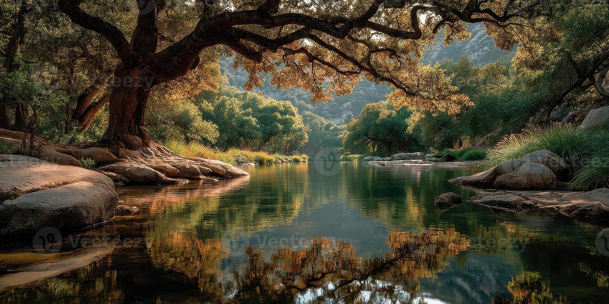 Majestic river flows through lush green landscape with vibrant reflections in tranquil waters photo
