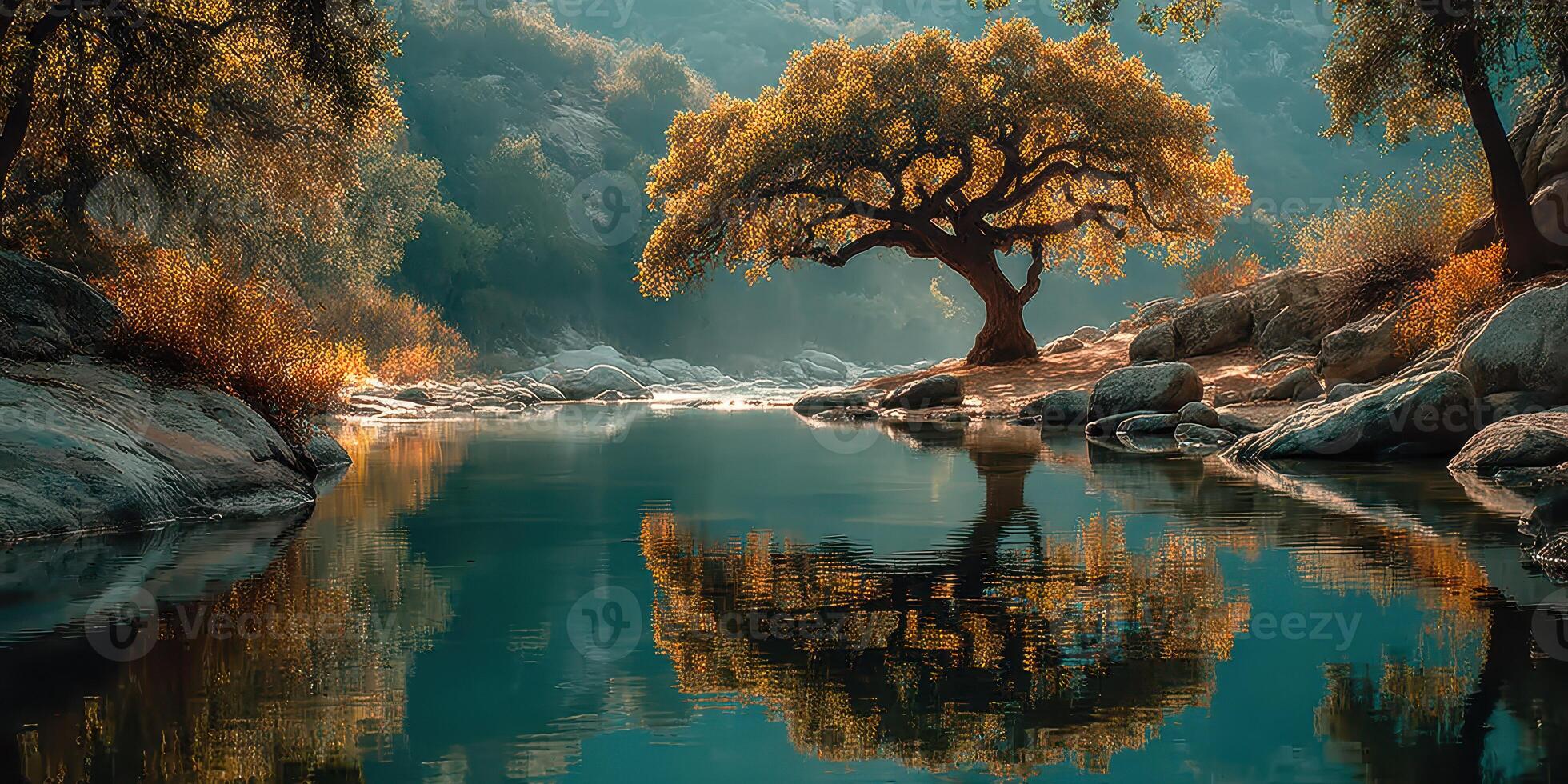 Beautiful autumn landscape with a golden tree reflecting on still water near rocky shore photo