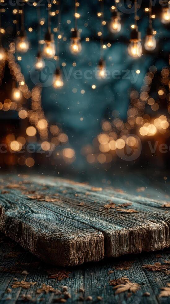 Evening atmosphere with glowing lights and wooden table at a festive outdoor location in autumn photo