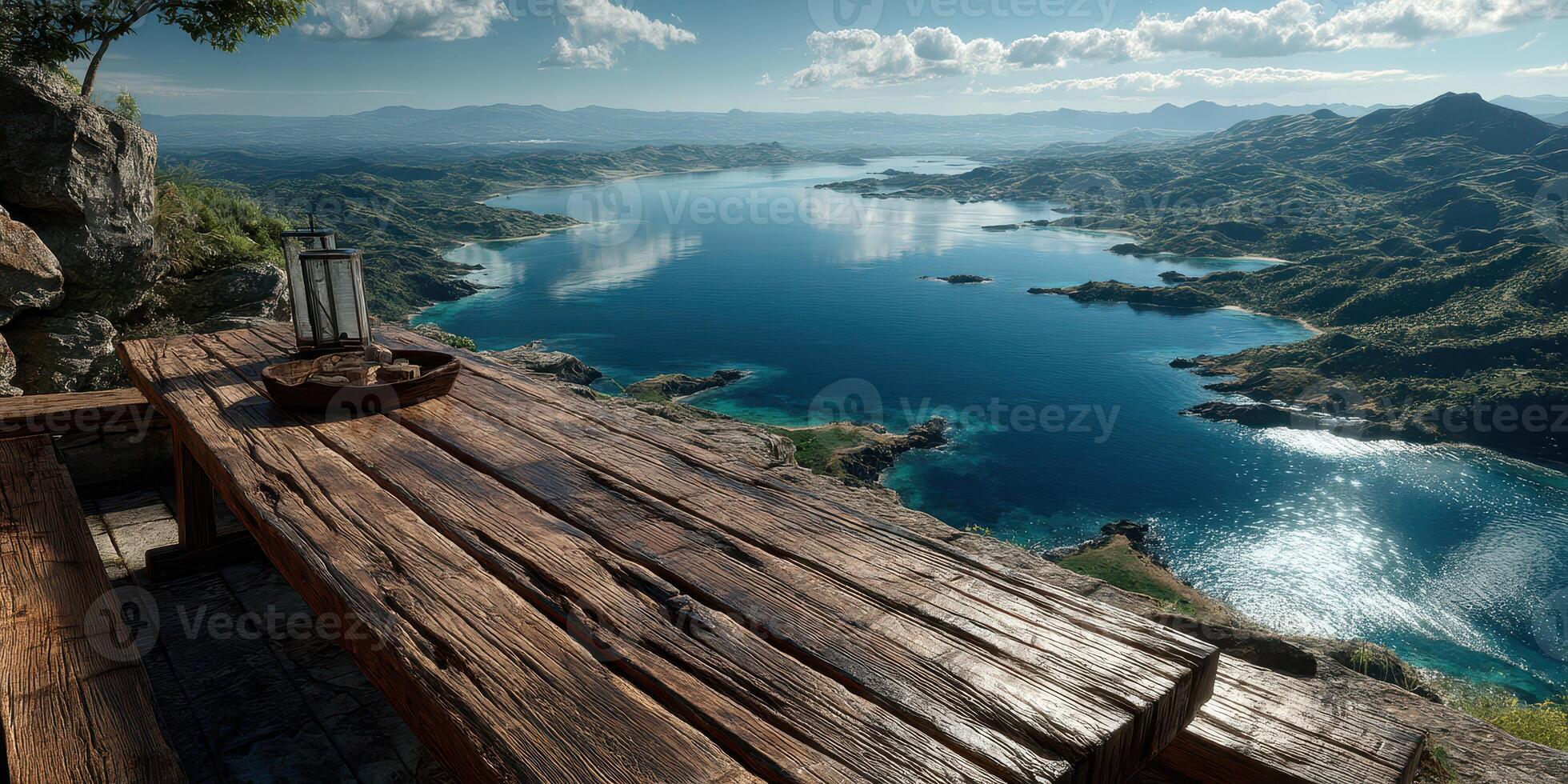 Stunning view of serene lake and distant mountains from wooden terrace overlooking calm waters photo