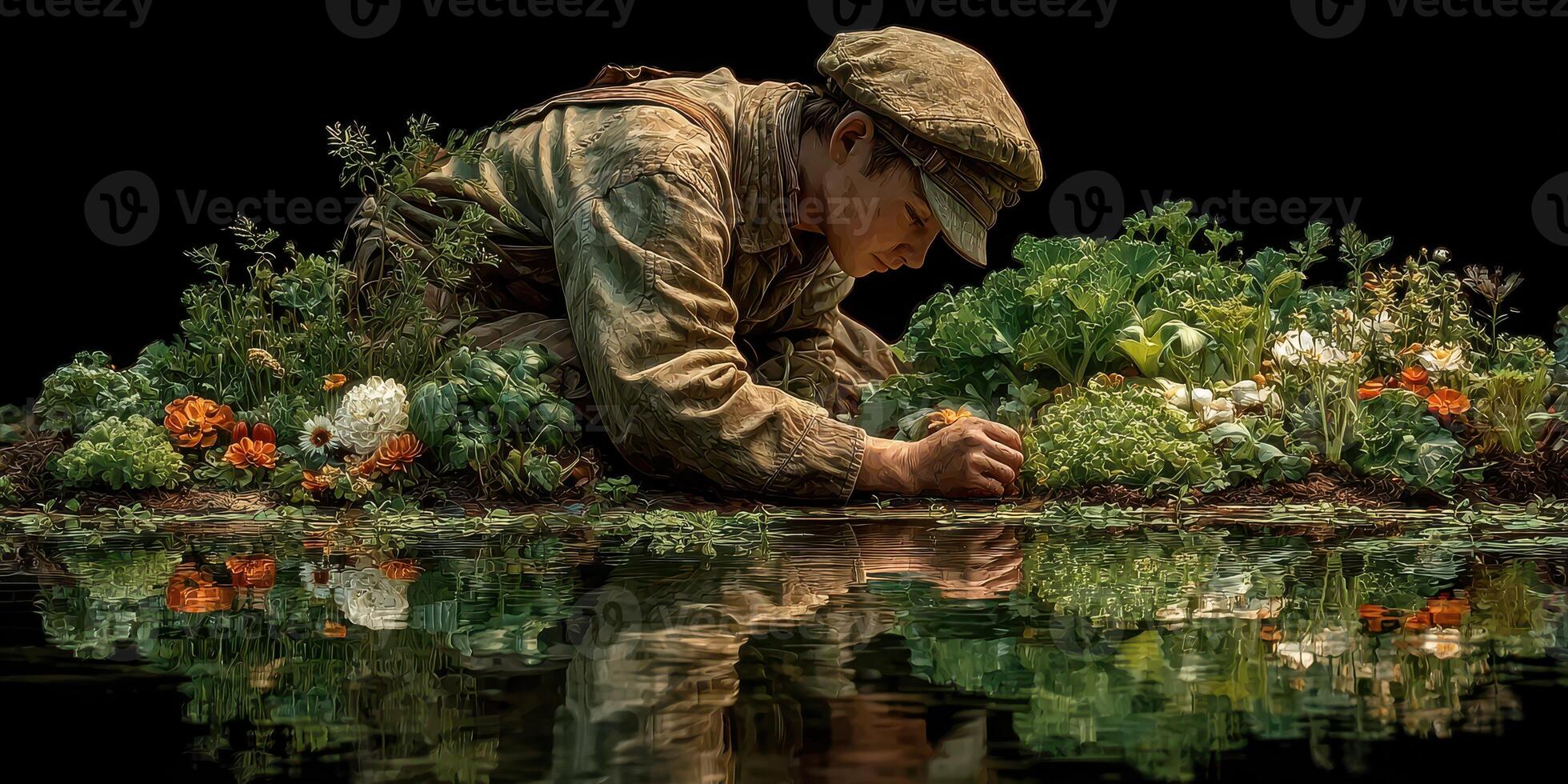Boy tending to vibrant vegetable and flower garden next to calm water during sunny afternoon in nature photo