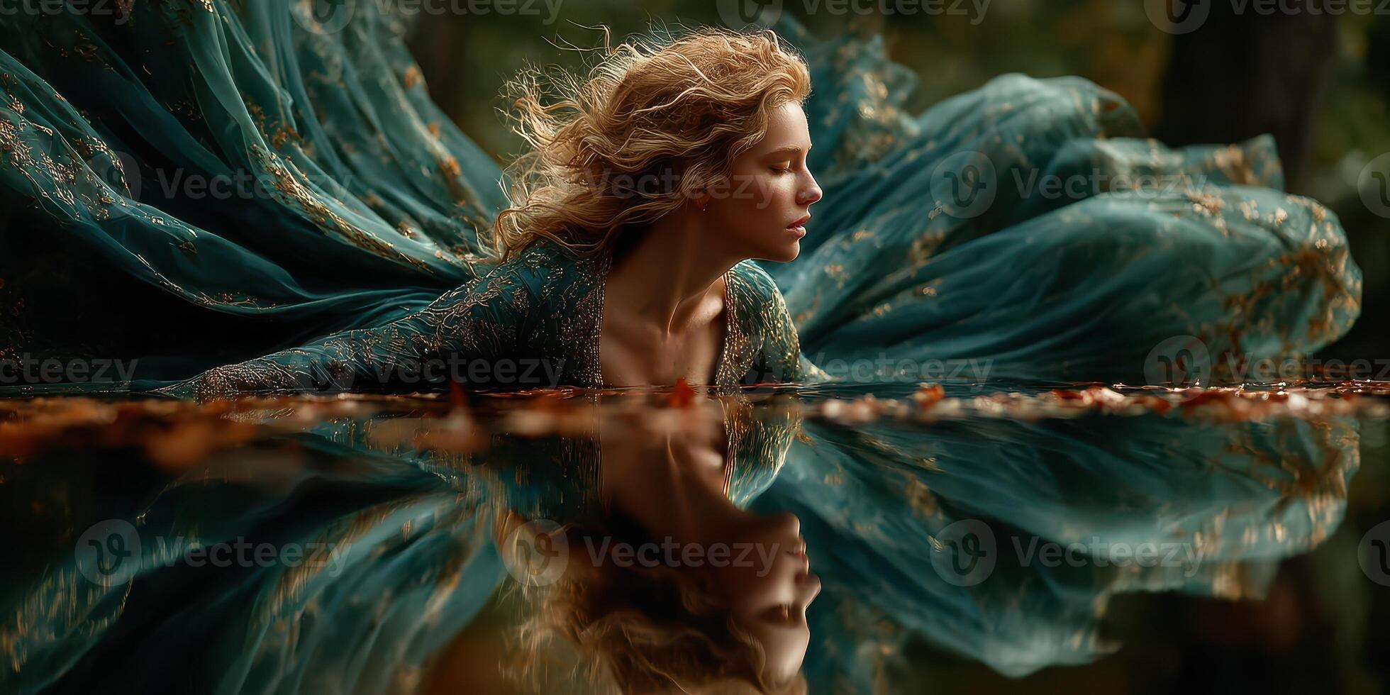 Elegant dancer immersed in a serene lake surrounded by autumn leaves during a tranquil afternoon photo