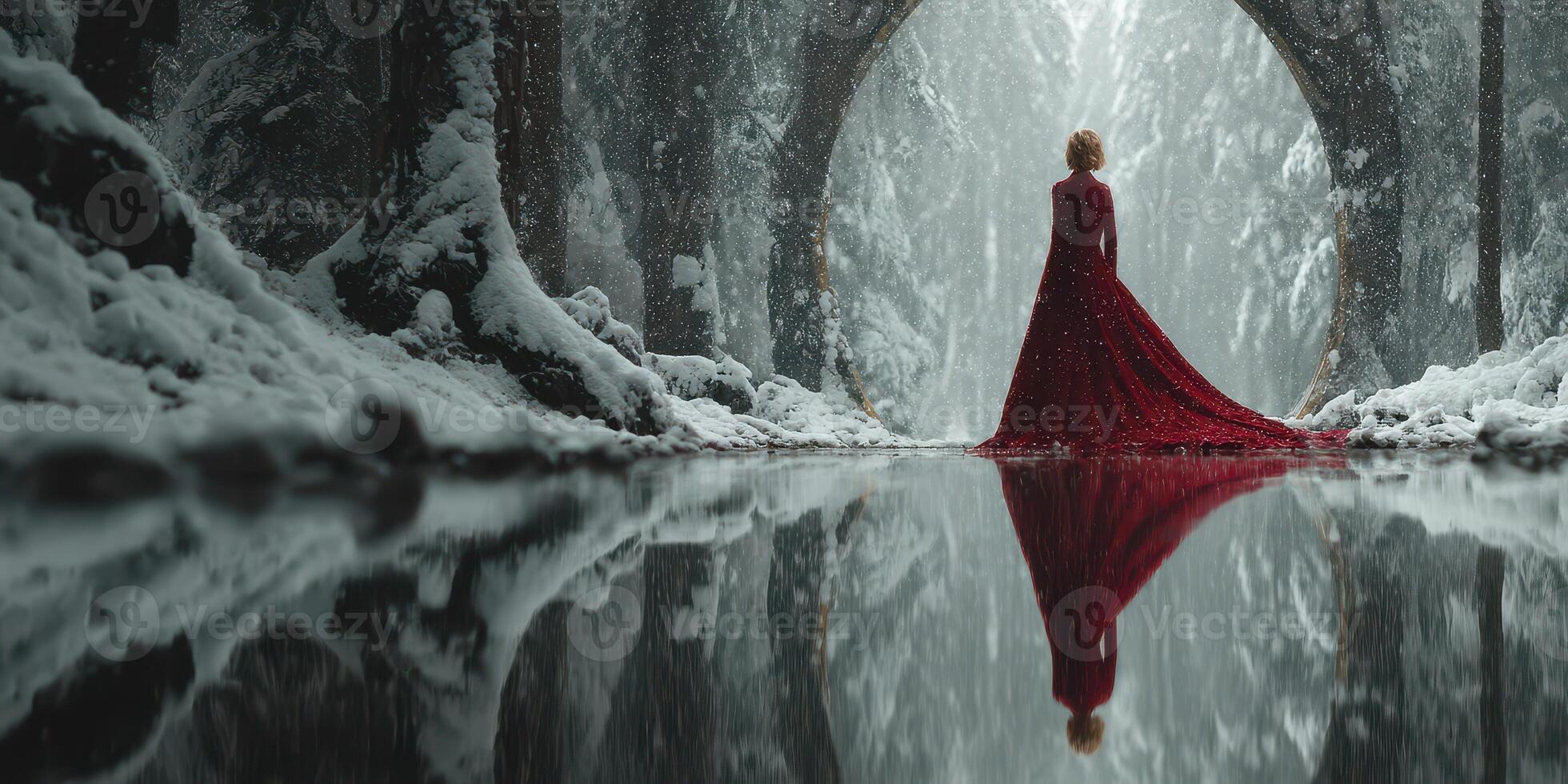 Elegant figure in a red gown stands by a tranquil snowy lake surrounded by tall trees and misty mountains at dawn photo