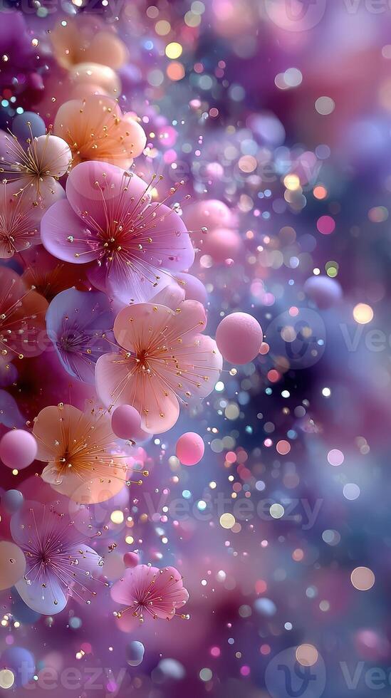 Colorful floral arrangement with soft petals and shimmering bokeh effect in a dreamy background photo