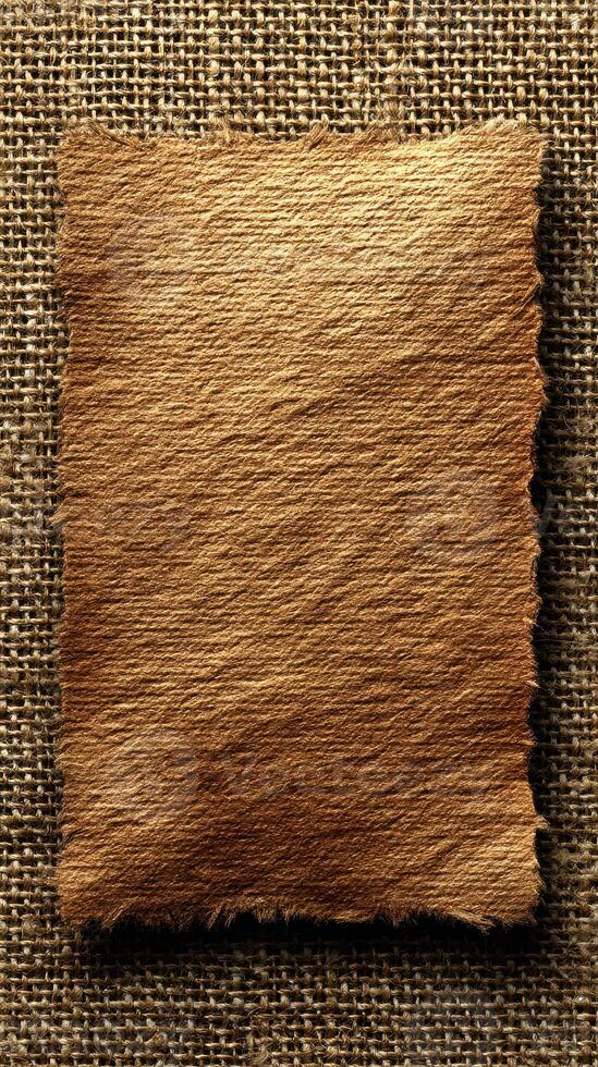 Textured brown paper placed on burlap fabric creates a rustic backdrop for artistic projects or design displays photo