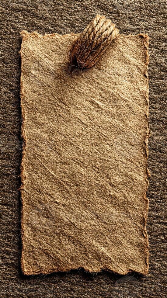 Rustic paper tag with rope hanger on textured surface emphasizes simplicity and natural materials in design aesthetics photo