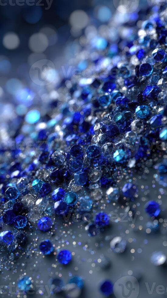 Blue gemstones scattered on a surface with sparkling reflection in a creative abstract design photo