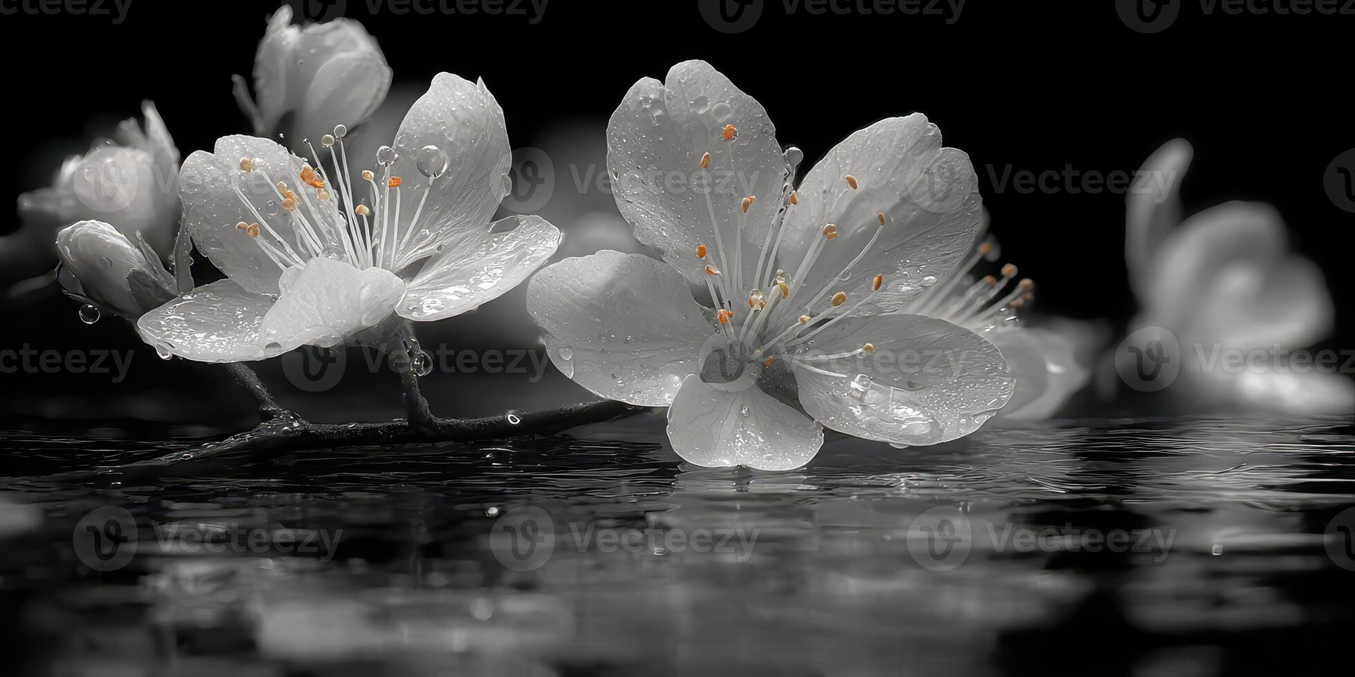 Delicate white flowers with droplets resting on calm water surface during a serene spring morning photo
