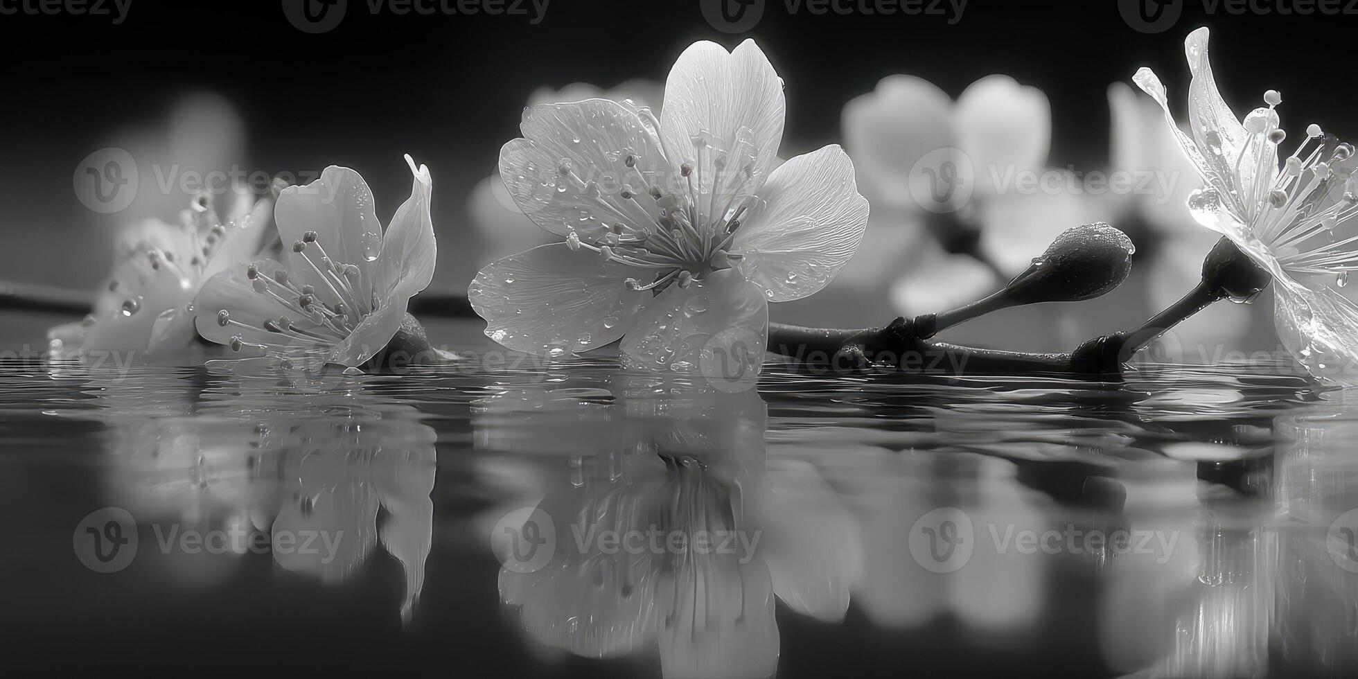 Cherry blossoms reflect on calm water surface during a serene moment at dawn photo