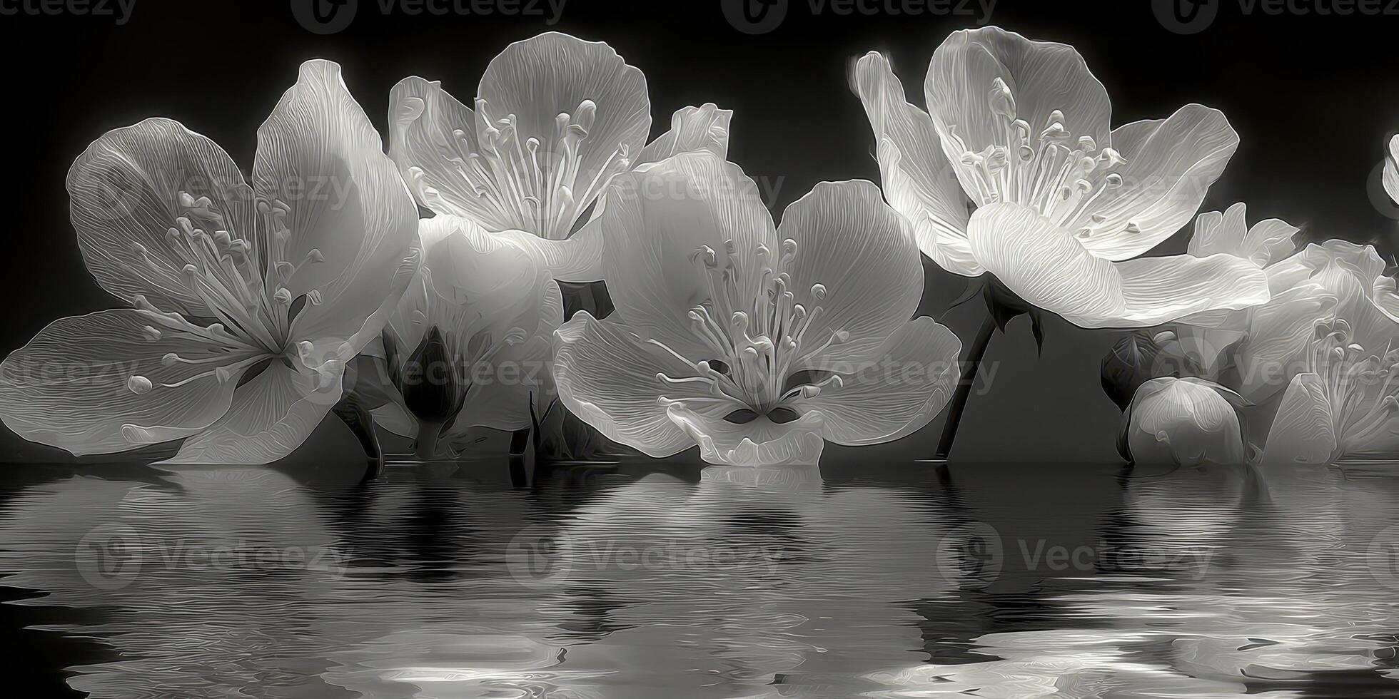 Blooming cherry blossoms reflecting on tranquil water at dusk photo