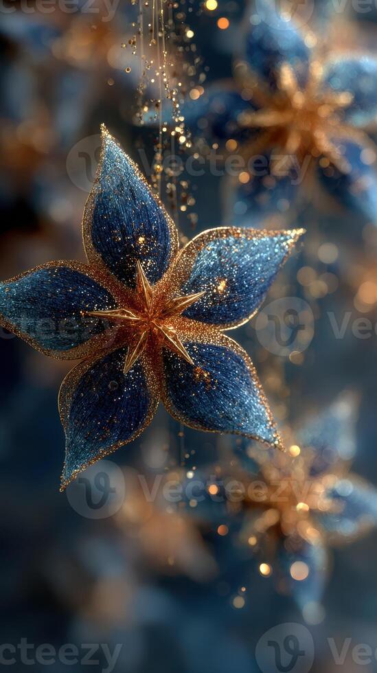 Elegant blue and gold decorative flowers glowing in a festive setting during the evening photo