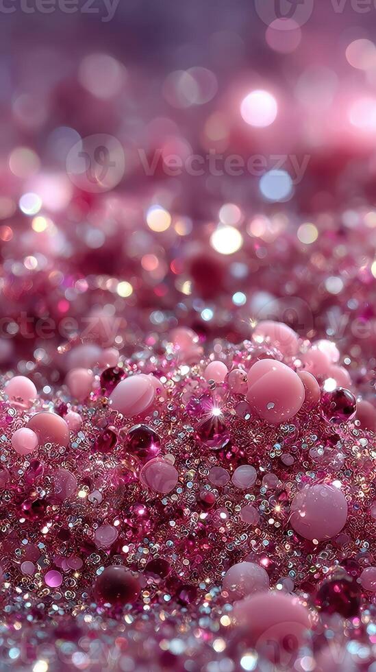 Vivid pink droplets create a shimmering abstract display on a sparkling surface during soft lighting conditions photo