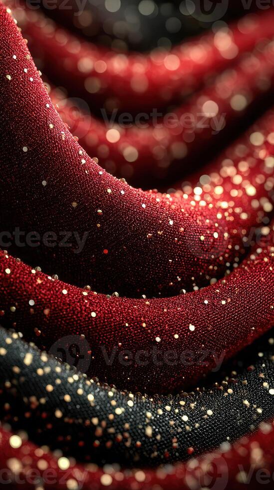 Textured red and black fabric with sparkling highlights glistens under soft light during a creative design session photo